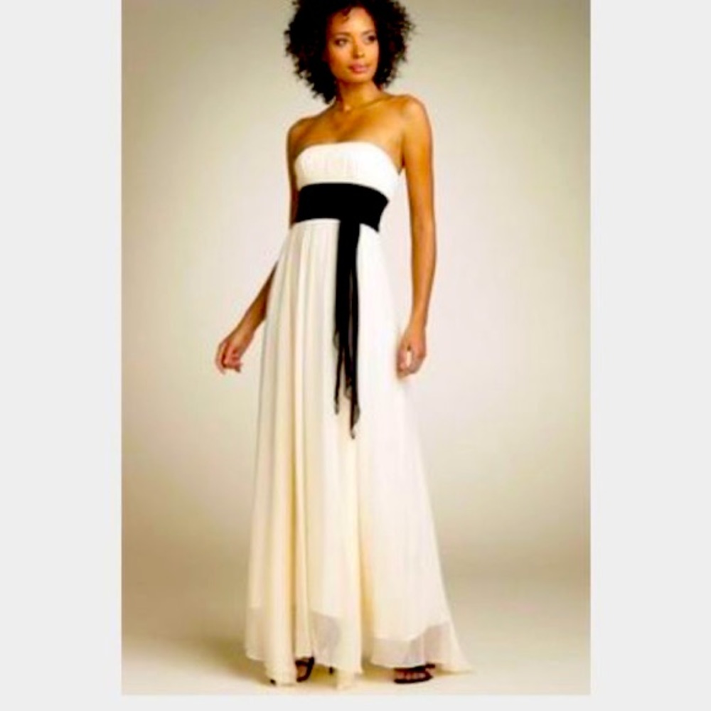 BCBG off white strapless dress with black sash